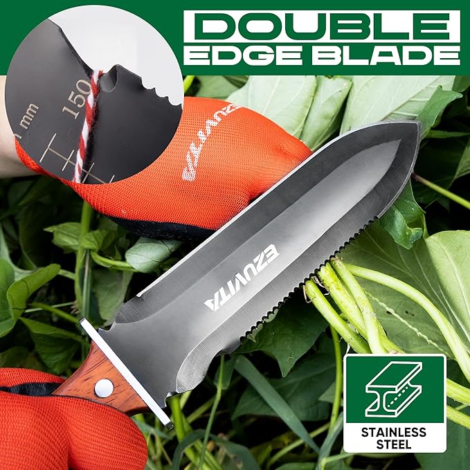 Hori Hori Garden Knife, Gardening Tools with Leather Sheath for Weeding, Gardening, Digging, 7” Stainless Steel Blade with Double Cutting Edge, Full Tang Wood Handle with Hanging Hole