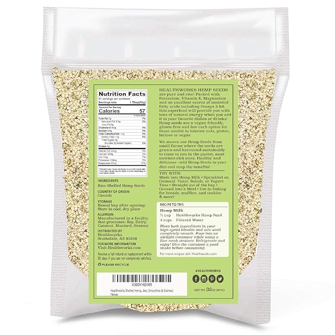 Healthworks Superfood Shelled/Hulled Hemp Seeds Canadian - 32 Oz / 2 Lbs - Premium & All-Natural - Contains Omega 3 & 6, Fiber and Protein - Packaging May Vary