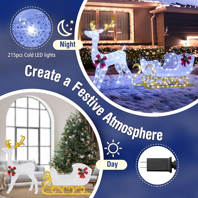 Tangkula 6 FT Christmas Lighted Reindeer & Santa’s Sleigh, Xmas Lighted Outdoor Yard Decoration with 215 LED Lights & 4 Ground Stakes, Artificial Christmas Décor for Indoor & Outdoor (Cold White)