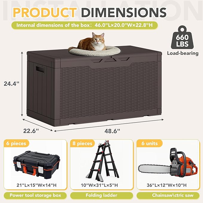 Greesum 100 Gallon Resin Deck Box Lockable Large Outdoor Storage Boxes for Garden Tools, Patio Furniture Cushions, Pool Supplies, Dark Brown