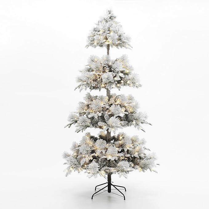 LuxenHome 7.5FT Flocked Artificial Christmas Tree, Slender Prelit Christmas Trees with 400 Warm White LED Lights, 1508 PE+PVC Tips, Xmas Tree Holiday Decor