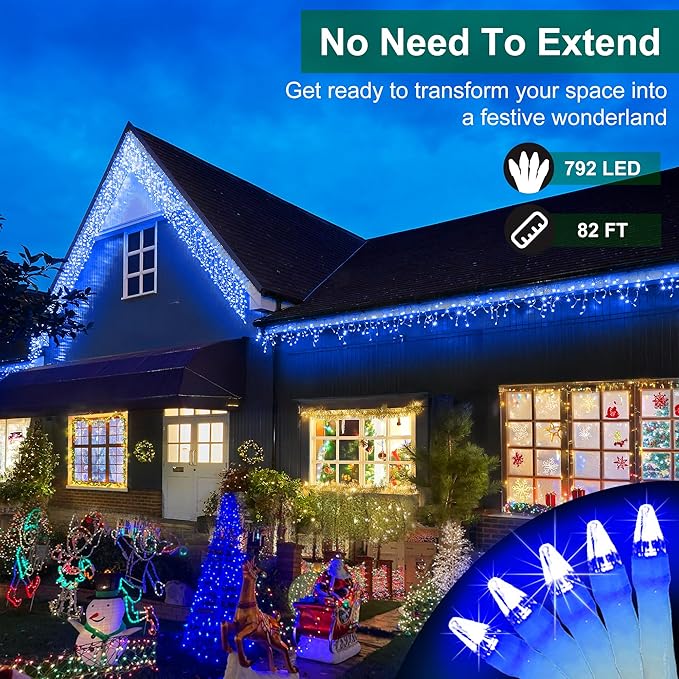 792 LED Christmas Lights with 176 Drops,82ft 8 Modes Fairy Hanging String Lights with Timer Waterproof, Plug-in Christmas String Lights for Holiday Wedding Party Christmas Decorations(Blue)
