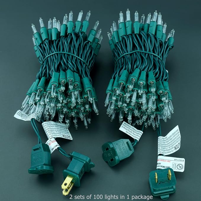 YULETIME 200 Clear Christmas Lights with Green Wire, Pack of 2 Strands of 21 ft 100 Count UL Certified Incandescent Mini String Light (Clear - Green Wire)