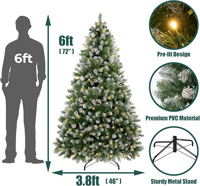 Annecy 6ft Pre-Lit Pre-Decorated Pine Hinged Artificial Full Spruce Christmas Tree w/ 970 Flocked Branch Tips, 60 Pine Cones, 250 Warm White & Multi-Color Lights for Home, Office Decoration,Metal Base