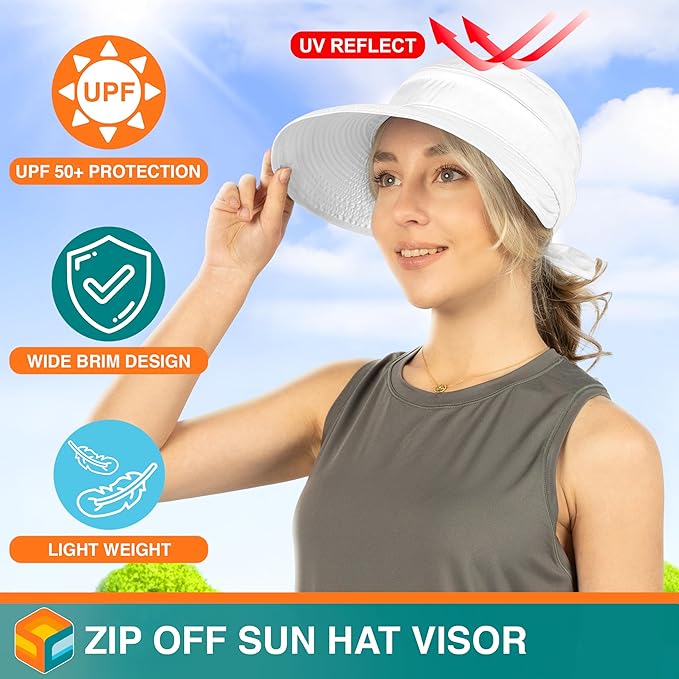 SUN CUBE Women Sun Hat for Outdoor UV Protection, Wide Brim Sun Hat Ponytail, Convertible Zip-Off Beach Hat Visor