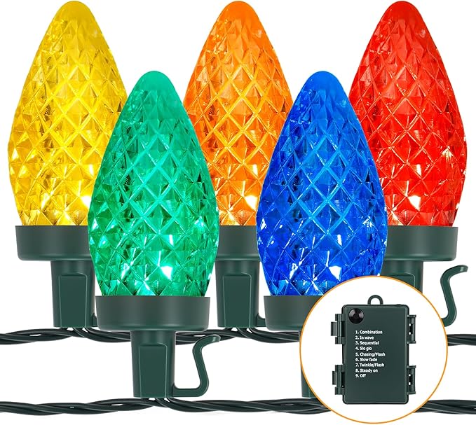 Brightever C9 Christmas String Lights, 35FT 50LED Battery Operated Outdoor Christmas Lights with Timer & 8 Lighting Modes, Waterproof Strawberry Light for Indoor Outdoor Xmas Decor, Multicolor, 1-Pack