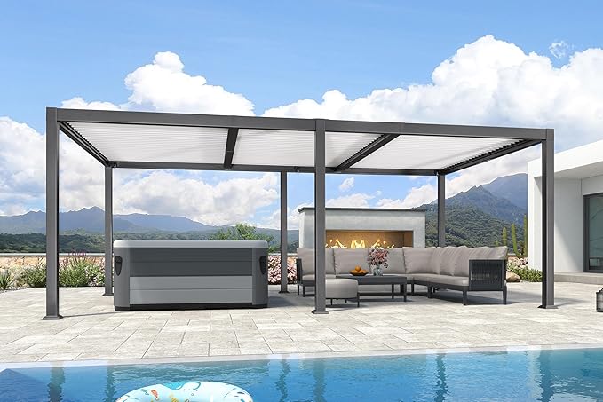 PURPLE LEAF Louvered Pergola 11' x 21' Outdoor Aluminum Pergola with White Adjustable Rainproof Roof Grey Frame Hardtop Gazebo for Patio Deck Garden