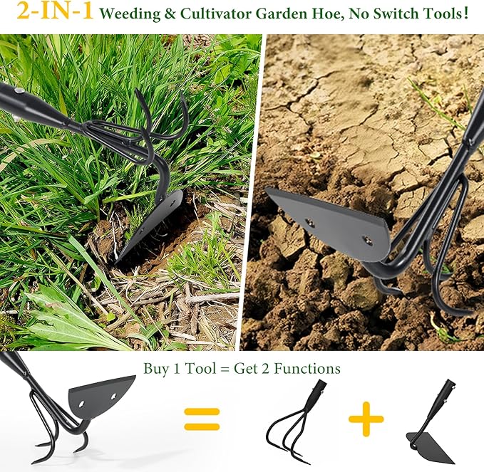 2 in 1 Hoe Garden Tool for Weeding& Cultivator - 52 inch Heavy Duty Garden Hoe with Upgraded Claw 3-Tine Tiller Rake,Long Handle Weed Grass Removal Tools for Gardening,Soil Loosening,Planting,Digging