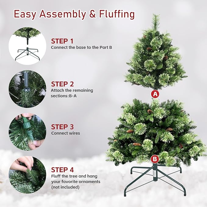 Kadunmina 4ft Prelit Christmas Tree, Artificial Carolina Pine Christmas Tree with 200 Warm White Lights, Pine Cones, 419 Branch Tips and Metal Stand for Home, Office, Holiday Party Decoration