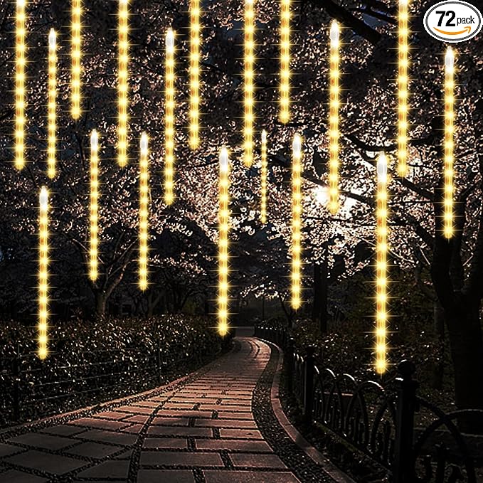 24 Tubes Meteor Shower Lights, Outdoor Icicles Christmas Decor, 12 Inch 864 LED Snow Falling Connectable Raindrop Lights, Xmas Wedding Party Tree Holiday Decoration, Warm White