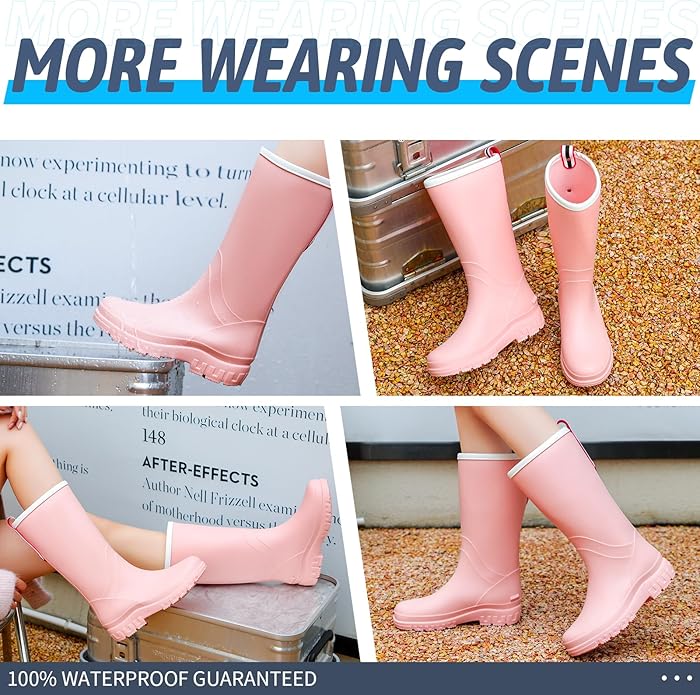 Women's Ankle Rain Boots - Slip On Waterproof Festival & Garden Shoes for Men - Comfortable Lightweight Rubber Wellies with Decorative Buckle