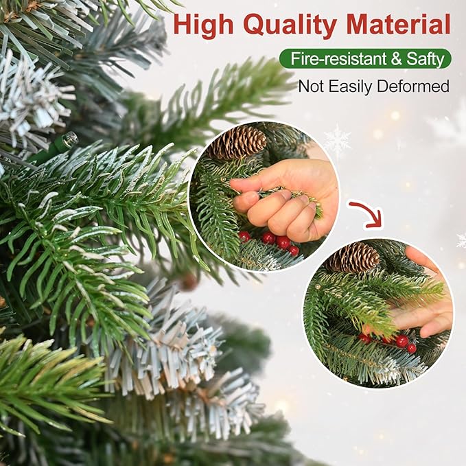 5 Ft Artificial Christmas Tree Pre-Decorated with Snow Flocked PVC&PE Tips, Pine Cones, Red Berries, Unlit Xmas Tree with Metal Stand for Hoilday Office Outdoor Christmas Decoration(Green White)