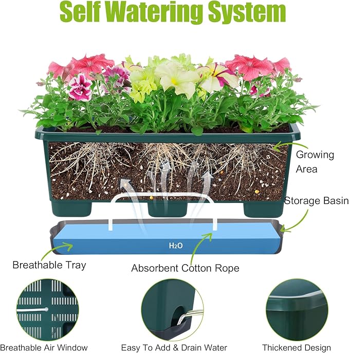 Window Box Planter 8 Pcs, 17 Inches Rectangle Flower Pots with Drainage Holes and Trays, Vegetable Planters for Windowsill Patio Garden Balcony Home Porch Yard Indoor Outdoor (Dark Green)