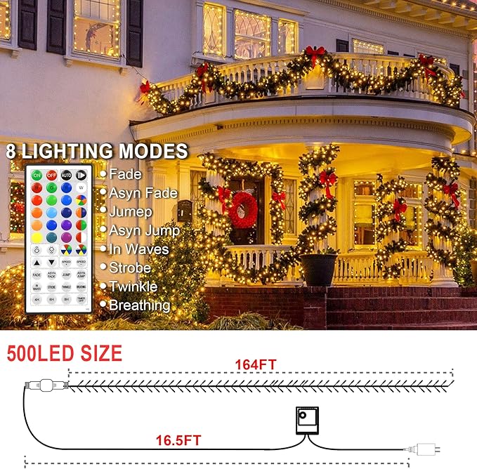 164 FT 500 LED Christmas String Lights, Waterproof RGB String Lights with Remote Control& Timer Function, 24 Colors Changing Fairy Lights for Indoor Outdoor Room Wall Christmas Tree Party Decoration