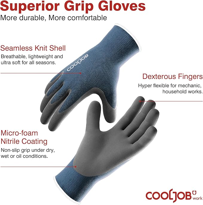 COOLJOB Micro-Foam Nitrile Safety Work Garden Gloves with Touchscreen Fingers, 6 Pairs Lightweight Working Gloves for Men’s Sweaty Hands, Non-slip Coated Grip Fits Most Tasks, Large, Blue & Black