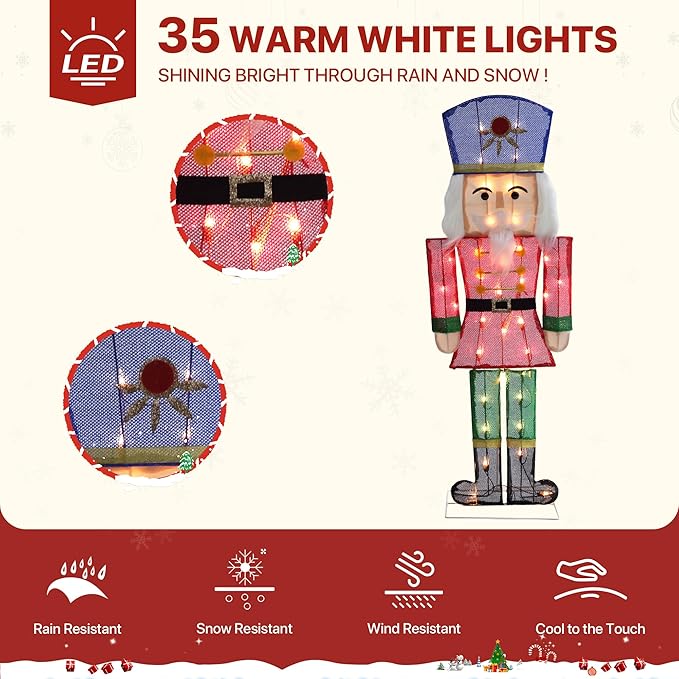 GENIMO 2D Nutcracker Soldier Outdoor Christmas Decorations, 35 Lights Pre-Lit for Holiday Decor Xmas Outside Indoor Home Lawn Yard Garden Patio Stakes Zip Ties(29 in)