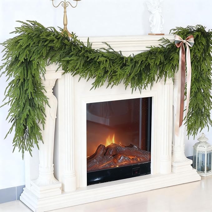 16FT Christmas Artificial Norfolk Pine Garland for Fireplace - Realistic Faux Greenery Fake Garland for Holiday,Table, Window,Mantel,Stairs, Home,Indoor Outdoor Decor (1PCS)