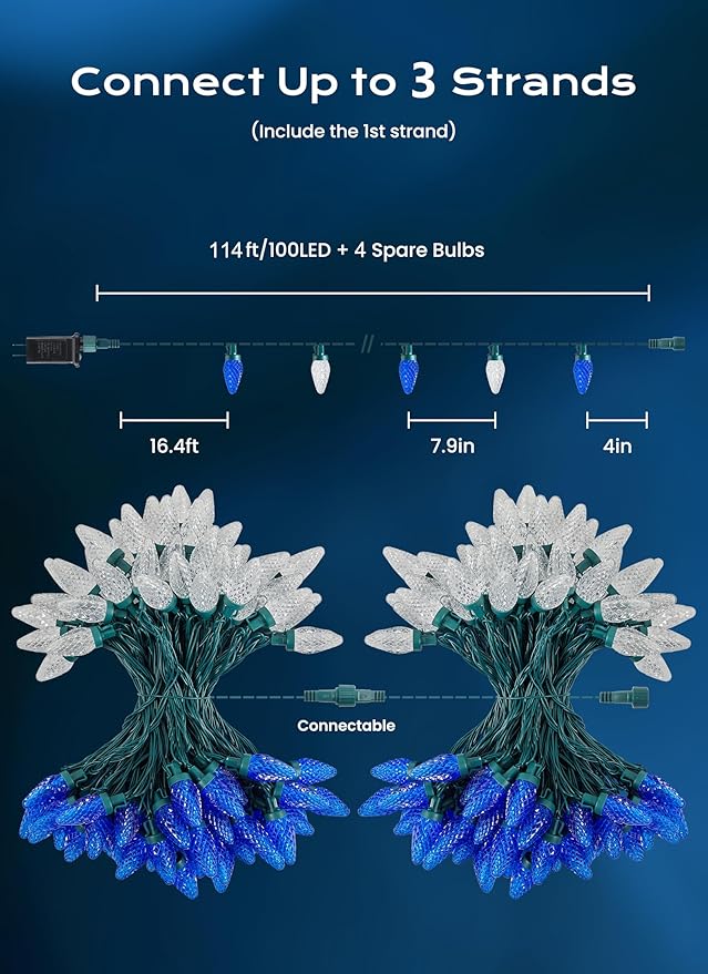 C9 Christmas Lights Outdoor, 100 FT 150 LED Connectable C9 String Lights with 8 Modes and Timer Xmas Tree Patio Roofline Garden Yard Holiday Party Indoor Outdoor Decoration, Blue and White