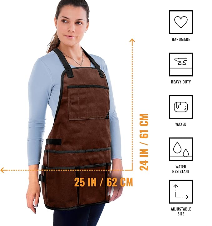 Under NY Sky Tool Apron - 20 Pockets and Slots, Cross-Back, Heavy-Duty Waxed Canvas - Woodwork, Garden, Shop (Brown Cross-Back)