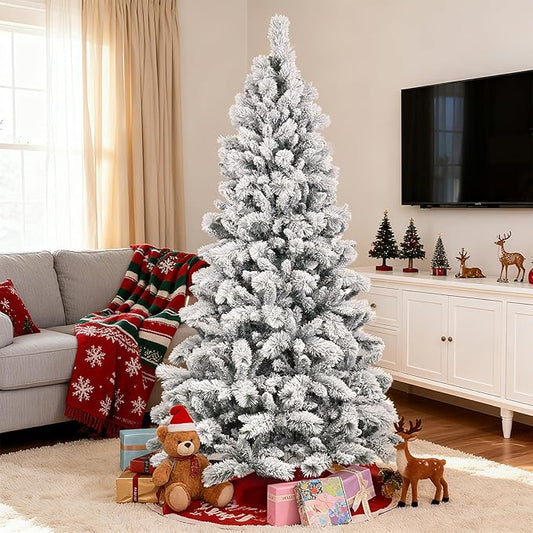 8 Ft Unlit Snow Flocked Christmas Tree, Artificial Xmas Tree with 1445 PVC/PE Realistic Branch Tips, Metal Stand Decor for Holiday, Party, Home Easy to Assemble