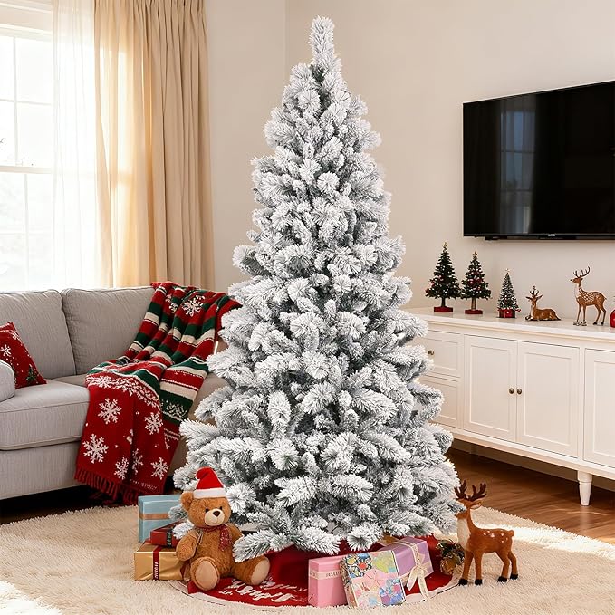 9 Ft Unlit Snow Flocked Christmas Tree, Artificial Xmas Tree with 1964 PVC/PE Realistic Branch Tips, Metal Stand Decor for Holiday, Party, Home Easy to Assemble