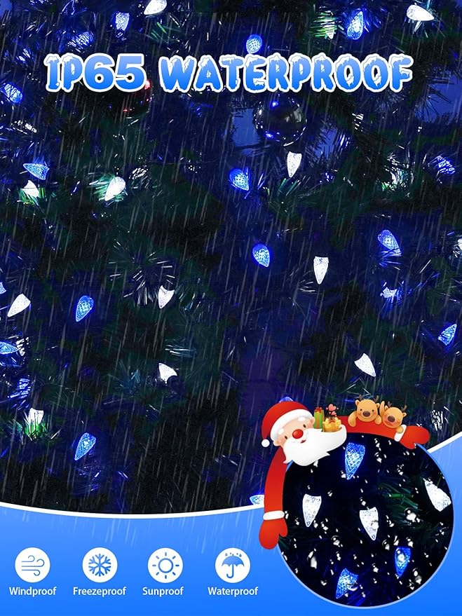 C6 Solar Christmas Lights Outdoor, 50 LED 16FT Christmas Decorations Outdoor Waterproof, Solar String Lights for Outside with 8 Modes, Fairy Twinkle Light for Tree Garden Xmas Decor (White and Blue)