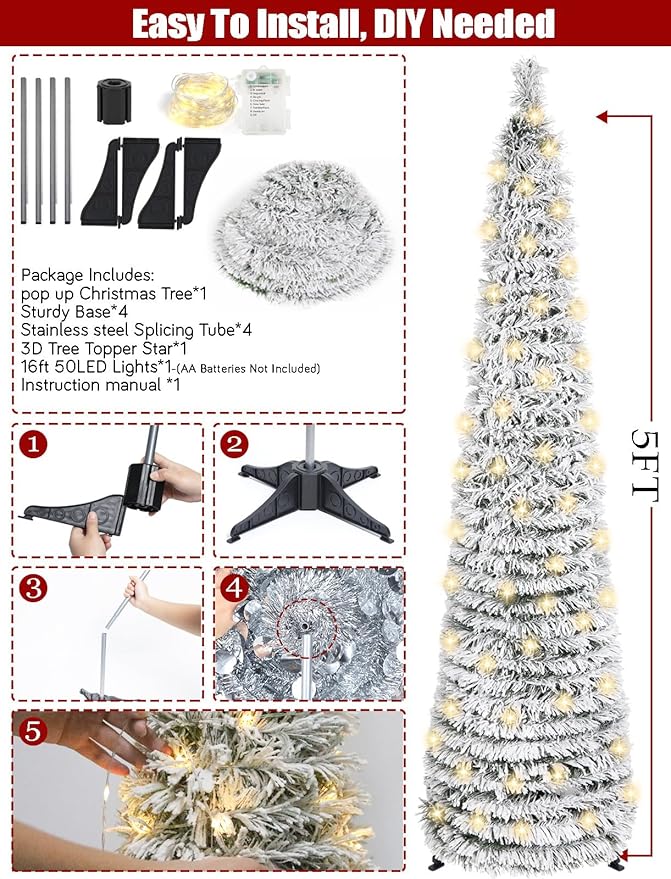 HMASYO 5 FT Pop Up Christmas Tree with Timer Lights, Collapsible Snow Flocked Pencil Christmas Tree, Artificial Slim Xmas Tree for Indoor Home Apartment Porch Holiday Party Decorations