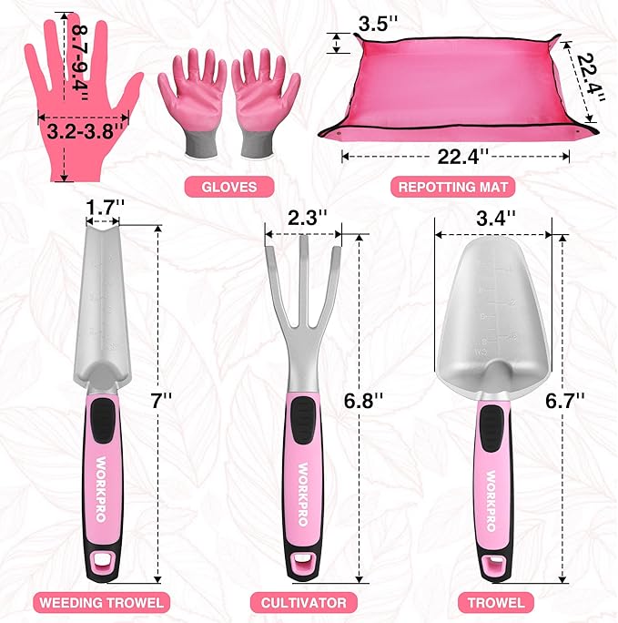WORKPRO 5PCS Garden Tool Set, Powder Coating Compact Aluminum Gardening Tool Set with Repotting Mat, Outdoor Garden Hand Tools, Ideal Gardening Gift, Pink
