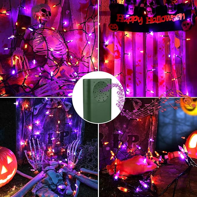 Halloween Lights 33ft 100 LED Battery String Lights with Motion Sensor Spooky Music or Battery Powered Orange & Purple 2 Colors in 1 Halloween Indoor Outdoor Decor