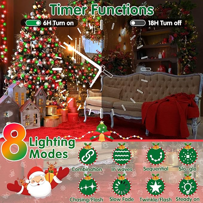 XURISEN 551FT 1400 LED Christmas Lights Outdoor Green Wire String Lights 8 Modes with Timer Memory Waterproof Fairy Light Plug in for Xmas Tree Wedding Yard Party Holiday Decorations(Red+Green+White)