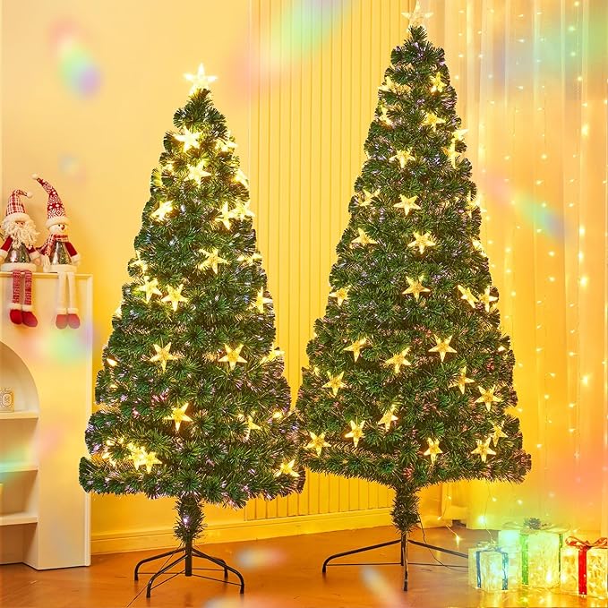 Juegoal 7ft Pre-Lit Artificial Christmas Tree, Lighted Optical Fiber Xmas Trees with Warm White Large Stars & Color Changing Optical Fiber Lights, Party Home Holiday Green Fake Tree with Metal Legs
