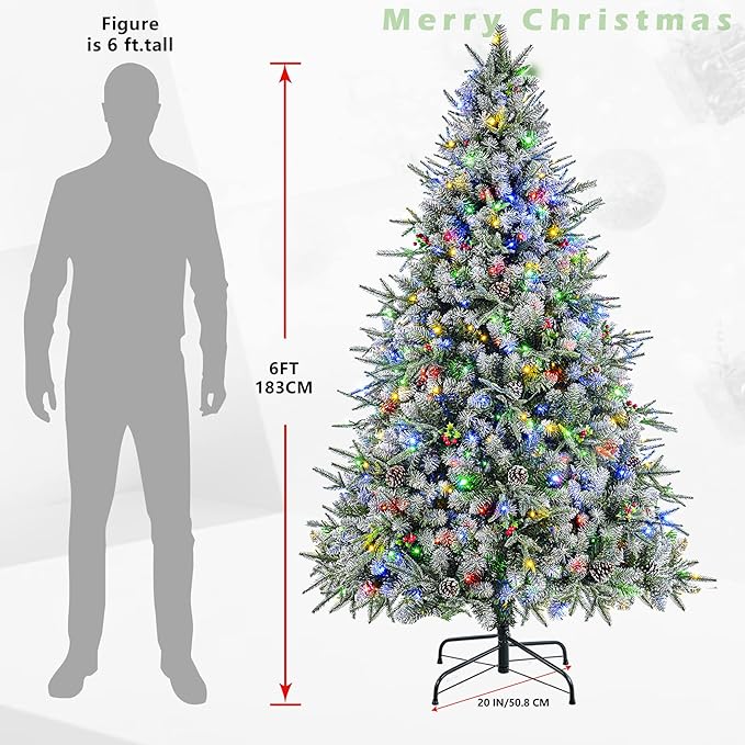 SHareconn 6.5ft Pre-Lit Flocked Spruce Artificial Hinged Christmas Tree with Remote, Timer and 400 Warm White & Multi-Color Lights, 1062 Branch Tips, Perfect Choice for Xmas Decoration, 6.5 FT, White