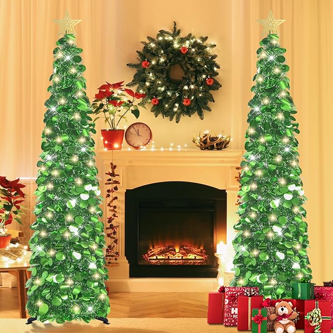 HMASYO 5 FT Pop Up Christmas Tree with Timer Lights, Green Christmas Tinsel Tree, Collapsible Artificial Pencil Christmas Tree for Indoor Home Apartment Porch Holiday Party Decorations