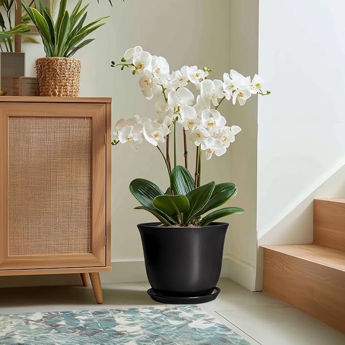 Ceramic Plant Pots - 12 Inch Plant Pot for Indoor Plants Outdoor, Large Planter with Drainage Hole and Saucer, Round Planters, Modern Flower Pot, Garden Patio Home Decor, Garden Gift, Black