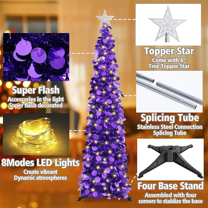 HMASYO 5 FT Pop Up Christmas Tree with Timer Lights, Purple Christmas Tinsel Tree, Collapsible Artificial Pencil Christmas Tree for Indoor Home Apartment Porch Holiday Party Decorations