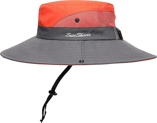 Womens Summer Sun Hat Beach Hat Wide Brim Outdoor UV Protection Hat Foldable Cool Mesh Ponytail Bucket Hat