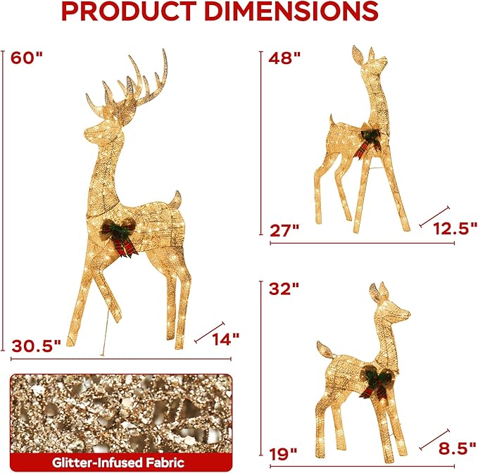 Outdoor Reindeer Family Christmas Decor, 3-Piece Large Golden Deers (Buck/Doe/Fawn) Holiday Xmas Lawn Decorations, with 300 Warm White LED Lights, Prefect for Yard, Garden
