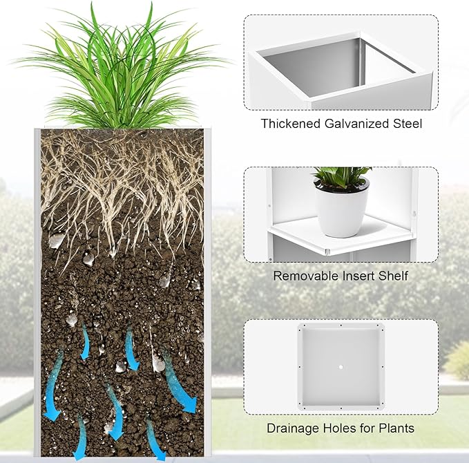 Galvanized Steel Metal Planter, 28 Inch White Square Outdoor Planters with Removable Insert Shelf and Drain Holes, Heavy Duty Flower Pot Modern Commercial Residential for Trees Patio Deck Yard Garden