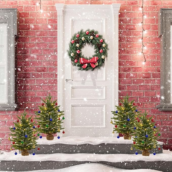 Uten Mini Christmas Tree Small Christmas Balls 18 PE Whitewash/1 Linen Base 50 LED Waterproof Battery Box with Christmas Decorations for Home, Office, Party