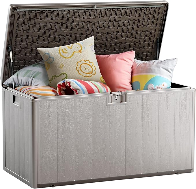 120 Gallon Deck Box, Double Layer Waterproof Resin Outdoor Indoor Storage Box, Lockable & UV Resistant Storage Bin for Patio Furniture, Garden Tools, Pool Accessories (Brown)