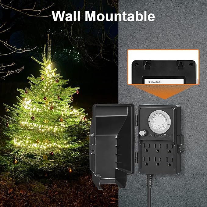 SURAIELEC Outdoor Power Stake Timer, 24-Hour Mechanical Light Timer, Electrical Power Strip Weatherproof, 6FT Extension Cord Multiple Outlet Plug for Patio Lights, Halloween Decorations, ETL Listed