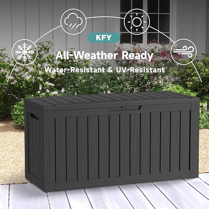 80 Gallon Waterproof Resin Deck Box, UV Resistant Outdoor Storage for Garden, Patio, Porch, Delivery, Striped Black