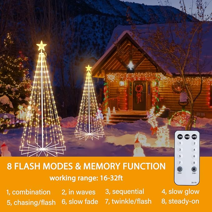 Christmas Cone Tree Light, 7.5ft 295 LED Light Show Christmas Tree with 8 Modes Timer Remote, Dimmable Artificial Christmas Tree for Porch Yard Patio Indoor Outdoor Xmas Holiday Decor, Warm White