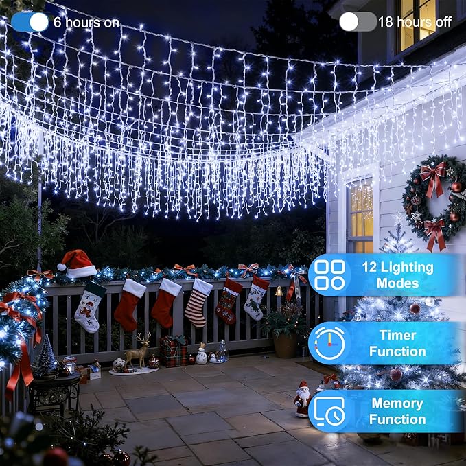 810LED 82ft Christmas Lights, 180Drops 12 Modes Cool White Christmas String Lights Outdoor Dimmable, Waterproof Christmas Decoration Fairy Lights with Timer for Indoor Eaves Party Patio Window Fence