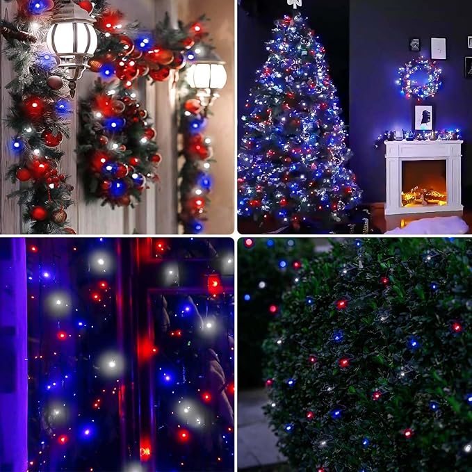 200 LED Red White and Blue Christmas String Lights Outdoor Indoor, 75.8 FT 4th of July Patriotic Lights, Extendable Green Wire Waterproof Mini light for Independence Day Memorial Day Party Decorations