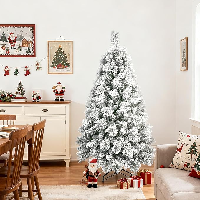 4 Ft Unlit Snow Flocked Christmas Tree, Artificial Xmas Tree with 350 PVC/PE Realistic Branch Tips, Metal Stand Decor for Holiday, Party, Home Easy to Assemble