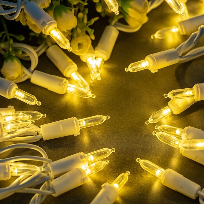YULETIME 100 Count Clear Warm White Christmas Lights, 33 Feet White Wire UL Certified Incandescent-Like LED Mini String Lights