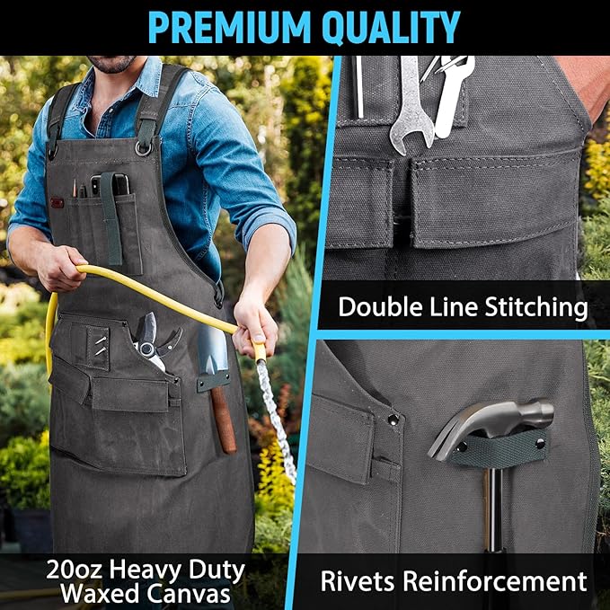 Woodworking Apron for Men, Shop Apron 20 oz Canvas Work Apron with 9 Tool Pockets, Heavy Duty Wood Working Workshop Bib Apron for Carpenter Woodworker Blacksmith, Men Gift, Adjustable to S- 3XL, Grey