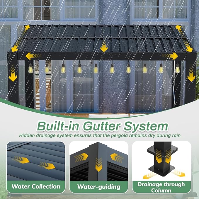 LVUYOYO Outdoor Louvered Pergola 10' x 13' with LED String Lights, Aluminum Pergola with Adjustable Roof, Waterproof Metal Gazebo for Patio, Backyard, Garden, Deck (10x13FT with Lights)