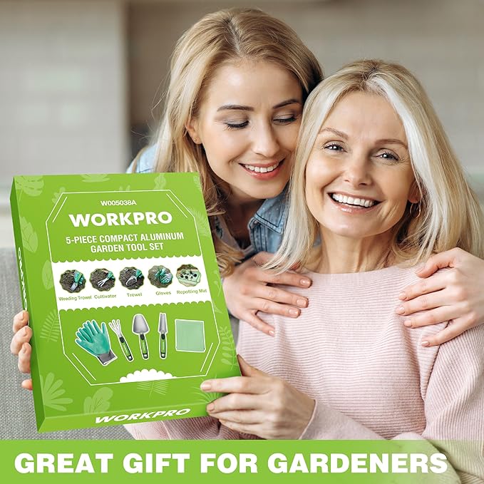 WORKPRO 5PCS Garden Tool Set, Powder Coating Compact Aluminum Gardening Tool Set with Repotting Mat, Outdoor Garden Hand Tools, Ideal Gardening Gift, Green